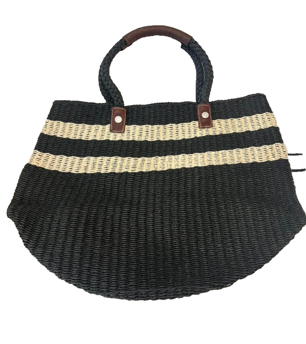Gap Woven Large Beach Paper Bag Tote w Leather Straps Charcoal Cream